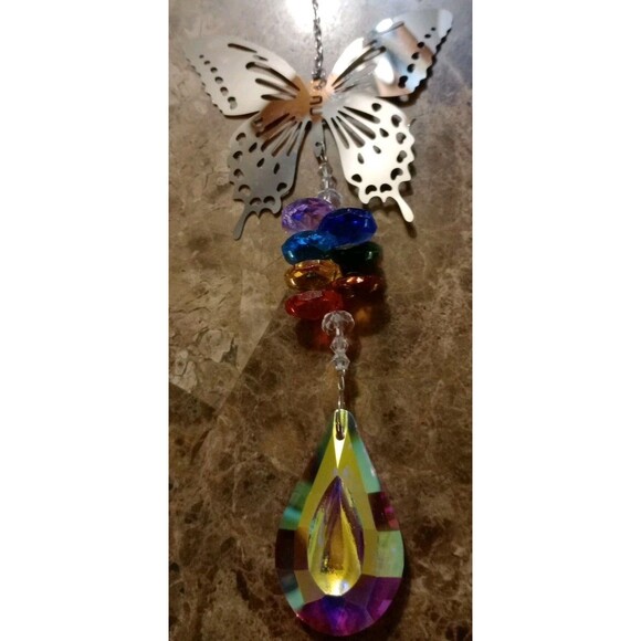 Silver Butterfly Iridescent Crystal Prism Colorful Sun Catcher Window Hanging - Picture 3 of 4